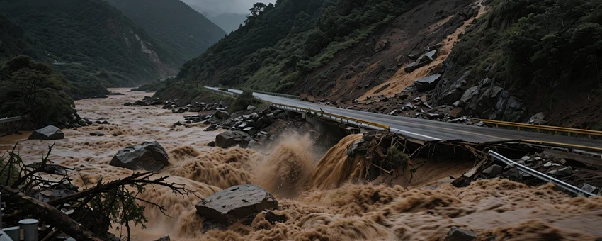 现场地形复杂、道路损毁,